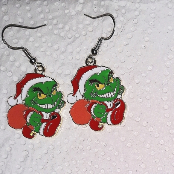 Grinch Dangle Earrings "Santa with Toy" Sack Grinch Style Jewelry NEW - Picture 1 of 7
